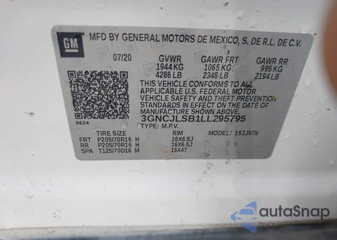 2020 Chevrolet Trax Fwd Lt из США, поврежденный, VIN 3GNCJLSB1LL295795